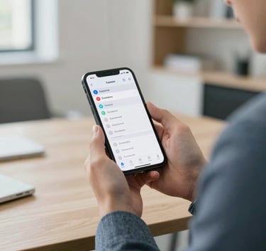 A close-up photograph of a professional in a slate grey blue suit holding a smartphone, the screen showing a clean and intuitive stock tracking application, set in a light-filled European office.