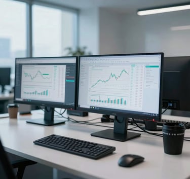 A high-end workstation in a French business district office, with professional monitors displaying financial data, sleek desk accessories, and a soft pale blue lighting atmosphere, sophisticated and modern.