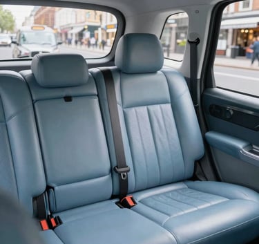 The interior of a high-quality taxi, showing clean, slate blue leather upholstery and ample legroom. The view through the window shows a blurred European / British city street. Bright, clean, and airy composition.