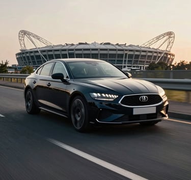 A modern black saloon car driving smoothly along an empty road near Wembley Stadium with the arch visible in the distant background. High-end photography, cinematic evening light, off-white and dark navy tones, European / British context.
