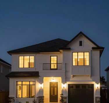 An elegant low-angle architectural photograph of a newly constructed North American / US suburban estate at dusk, glowing warm lights through large glass windows against a dark navy blue sky.