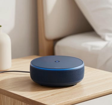 A sleek Echo Dot 5th Generation sitting on a minimalist wooden nightstand in a bright, modern North American / US bedroom. Soft morning light, sharp focus on the device, approachable and high-tech atmosphere using off-white and navy blue tones.
