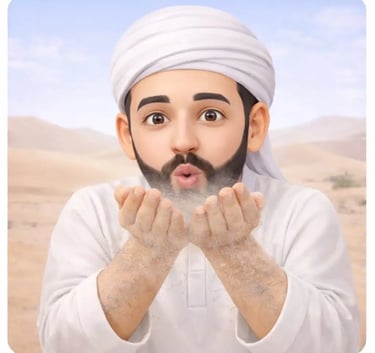 3D Muslim man in white jellaba and white turban in desert blowing gently on his hands to remove excess dust during tayammum