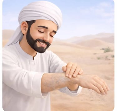 3D Muslim man in white jellaba and white turban in the desert wiping right hand during tayammum
