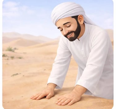  3d smiling-muslim-man-white-jellaba-white-turban-desert-hands-on-earth-tayammum.webp