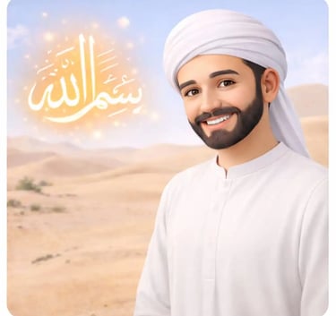 Smiling 3D Muslim man in white jellaba and white turban in the desert making intention for tayammum before prayer