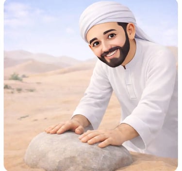 Smiling 3D Muslim man in white jellaba and white turban placing his hands on a clean stone for tayammum dry ablution step