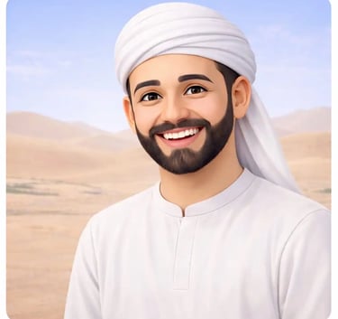 Smiling 3D Muslim man in white jellaba and white turban in the desert reciting the Shahada after completing tayammum