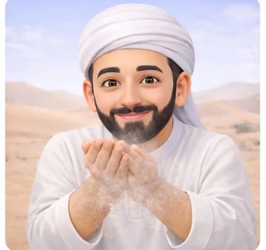 Smiling 3D Muslim man in white jellaba and white turban in the desert tapping hands to remove excess dust during tayammum