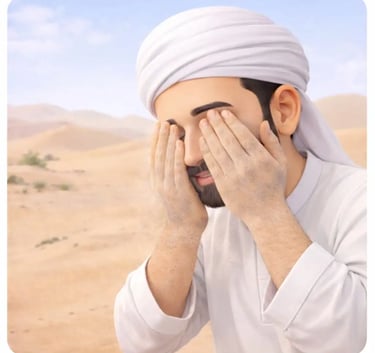 Smiling 3D Muslim man in white jellaba and white turban in the desert wiping face during tayammum