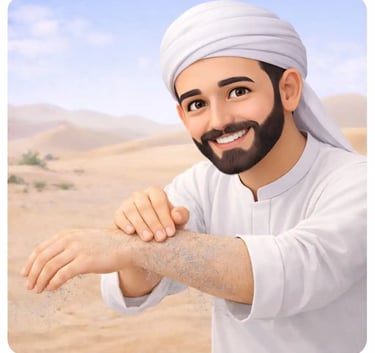 Smiling 3D Muslim man in white jellaba and white turban in the desert wiping left hand during tayammum