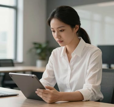 A professional in a modern North American / International office setting, working with a tablet, soft natural lighting with Soft Off-White and Dark Slate Grey accents in the surrounding decor.