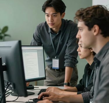A team of professionals in a North American / International tech hub collaborating around a monitor, innovative and high-performance atmosphere, Dark Slate Grey and Muted Sage Green palette.