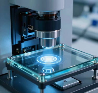 Macro photography of high-tech laboratory equipment used for genomic sequencing, featuring glass surfaces and metallic accents, illuminated by sophisticated dark blue and light blue light in a US research center.