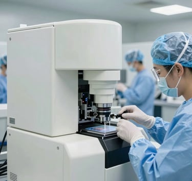 A wide-angle professional photograph of an automated genomic testing line in a bright, modern North American facility, emphasizing meticulous precision and sterile cleanliness with off white and light blue colors.