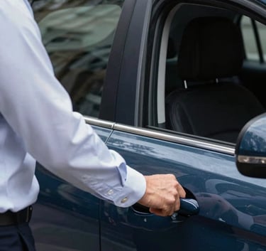 A close-up of a professional driver in a clean suit holding a door open for a passenger in a British / UK urban setting, soft blue car exterior with dark navy accents.