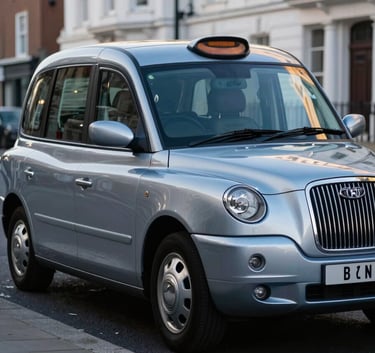 A professional silver taxi parked on a clean British / UK street in Dartford, soft blue and dark navy tones reflecting in the car body, morning light, high-end photography.