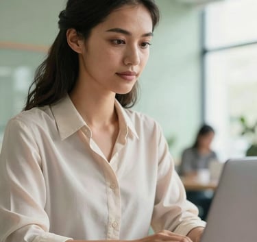 A close-up of a confident professional woman of international background working on a laptop in a brightly lit, modern shared workspace. The aesthetic is clean and high-tech, with soft sage green accents in the background and natural light highlighting her focused expression.