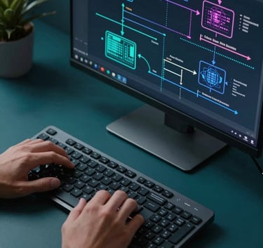A high-angle shot of a person's hands on a modern keyboard, with a second screen displaying complex machine learning models and DevOps pipelines. The lighting is cool-toned with professional shadows, incorporating deep teal and dark navy colors in the peripheral environment.