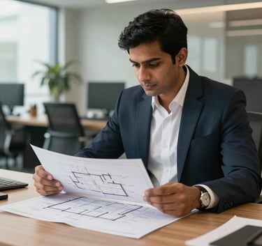 A professional real estate consultant in a modern office in Gurugram, South Asian context, looking at architectural plans on a desk.