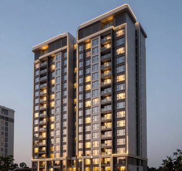 Luxury high-rise residential apartment in Gurugram at dusk, warm lighting from windows, sophisticated urban South Asian architecture.