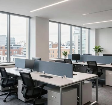 Wide shot of a bright, minimalist office in London, large windows with natural light, sparkling clean workstations, sophisticated and professional atmosphere, light gray and steel blue accents.