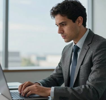 A professional South American / Brazilian man in business attire sitting in a brightly lit, modern office, focused on a laptop screen with data visualizations, sky blue and charcoal grey tones in the background.