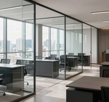 A wide shot of a minimalist and modern executive office in Sao Paulo, featuring high-end glass partitions and sleek charcoal furniture, bright natural light, South American / Brazilian corporate environment, professional atmosphere.