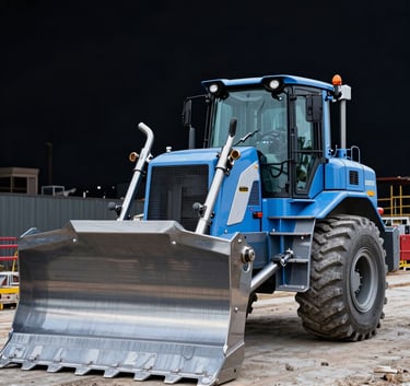 A professional architectural photograph of heavy construction machinery on a commercial development site in the United States. A high-end bulldozer stands prominently in the foreground with steel blue and light blue reflections on its polished surfaces. High contrast and sharp focus.