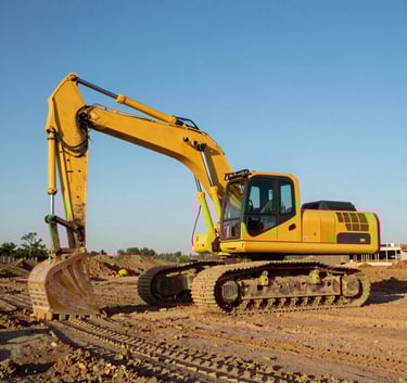 A wide-angle landscape photograph of a large, modern yellow excavator parked on a graded North American construction site. The sky is a clear steel blue, and the ground shows crisp tread marks. The lighting is bright morning sun, emphasizing professional efficiency and clean machinery.
