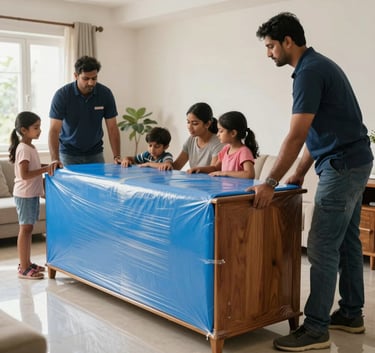 A detailed indoor shot of a South Asian family home where professional movers are wrapping a large wooden furniture piece with protective thick blue padding and clear wrap. The setting is clean and well-lit, reflecting a stress-free experience.