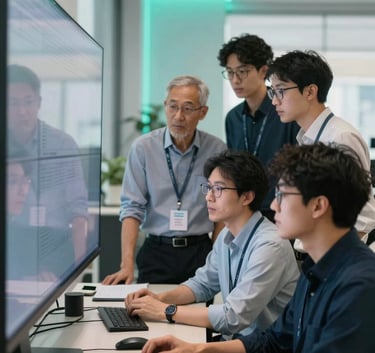 A group of professional software engineers collaborating in a bright, modern tech hub. They are dressed in smart-casual business attire, looking at a large screen with soft silver reflections and modern teal ambient lighting.
