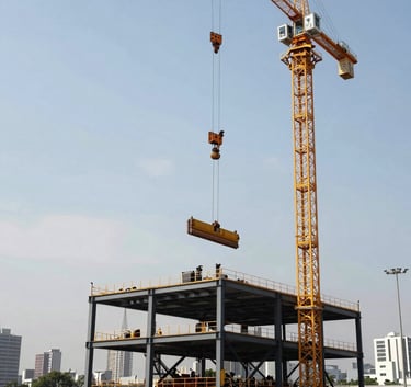 Wide shot of a massive industrial steel structure being assembled by a crane, engineering precision, South American urban background, clear sky, professional architectural photography.