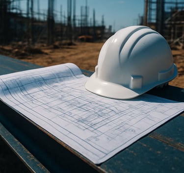 A close-up of professional engineering blueprints laid out on a steel construction beam, with a safety helmet resting nearby, bright midday sun, South American construction site context, dusty blue and dark navy tones.
