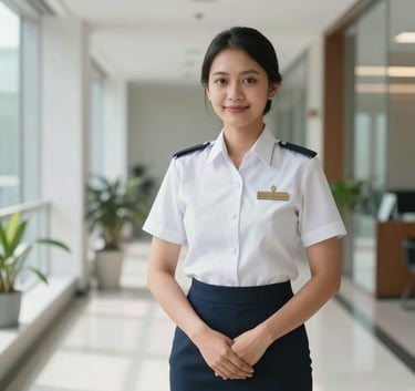Professional South East Asian / Indonesian office manager in a crisp uniform standing in a bright, modern corporate corridor, soft natural lighting, high-end commercial photography style.