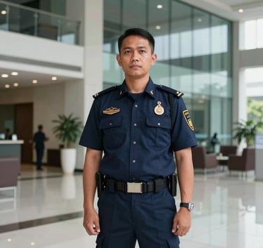 A South East Asian / Indonesian security guard in a professional navy blue uniform standing alertly in a modern building lobby, glass walls, corporate atmosphere.
