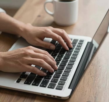 Close-up of hands typing on a high-end laptop on a sandy taupe wooden desk. A pearl white coffee mug sits nearby. The lighting is soft and professional, creating an atmosphere of focused, organized work.