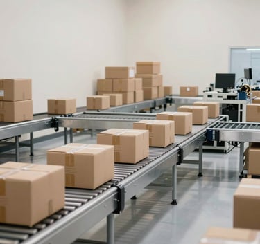 An interior shot of a high-tech North American / US distribution center. The scene is bright and clean with soft off-white walls and polished floors. Automated conveyor systems move neatly packaged boxes, reflecting a sense of modern efficiency.