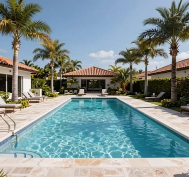 An expansive wide-angle photograph of a pristine, luxury residential swimming pool in a South Florida backyard, surrounded by palm trees and clear blue sky.