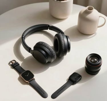 An elegant high-angle photograph of carefully arranged premium products—including sleek headphones, a designer watch, and minimalist home decor—on a clean, off-white surface, beautifully illuminated with natural Brazilian sunlight casting soft shadows.