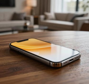 A crisp close-up photograph of a modern smartphone resting on a wooden table in a stylish South American apartment. The phone screen is glowing with vibrant amber and white light, reflecting on the surface. The background shows a beautifully lit, sophisticated living room with soft bokeh, conveying quality and a modern lifestyle.