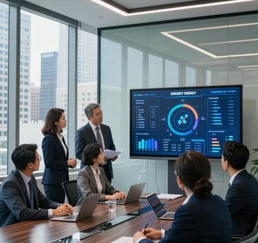 Professional business team analyzing energy data and analytics on a digital display in a modern office.