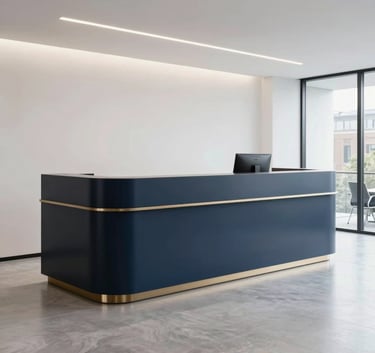 A bright and airy commercial office reception in London with a sophisticated charcoal blue desk and light silver flooring, clean modern aesthetic.