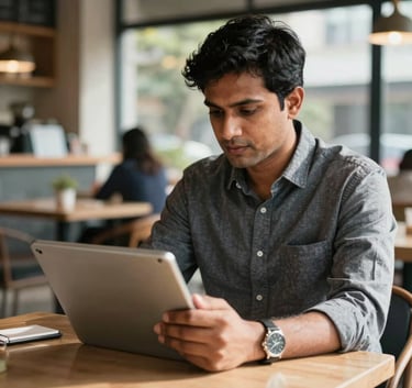 A South Asian professional reviewing financial articles on a tablet while seated in a contemporary, sun-drenched cafe in Bangalore, focused and empowered.