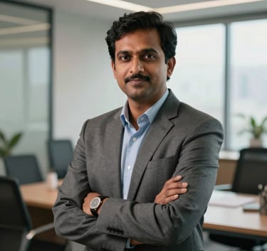 A professional portrait of a confident financial advisor in a modern office in Mumbai, South Asian setting, soft natural lighting, capturing a sense of trustworthiness and expertise.
