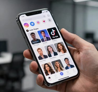 A close-up shot of a person's hand holding a modern smartphone. The screen displays vibrant social media feeds from Instagram and TikTok. The background is a blurred, sleek office interior with charcoal grey accents.