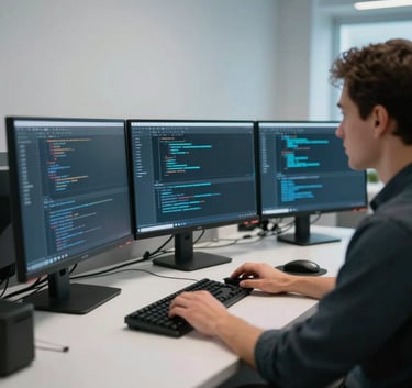 A professional North American web developer working in a clean, high-tech workspace with multiple monitors showing code, sophisticated lighting with hints of blue and pale blue tones.