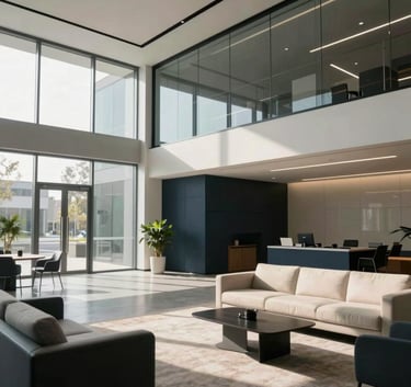 A wide-angle, cinematic photograph of a bright, modern North American office lobby with minimalist furniture and glass walls, soft morning light hitting high-tech architectural details, palette of dark navy and off-white.