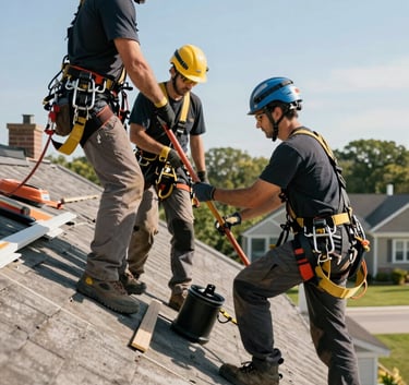 A professional roofing crew in North American work attire, wearing safety harnesses, collaborating on a residential roof replacement during a clear sunny day.