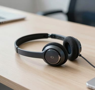 A high-quality close-up photograph of a modern professional wireless headset resting on a clean, light wood office desk in a bright South American office. The background is softly blurred showing a hint of a modern business environment with a color palette of off-white and dark blue.